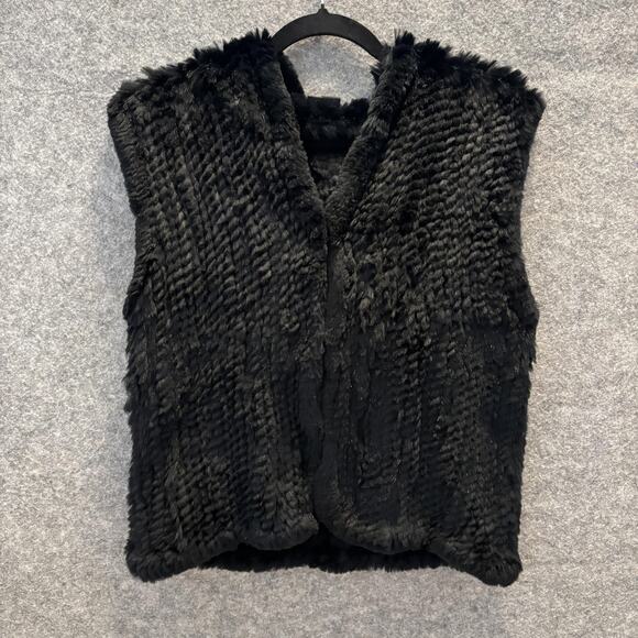 Saks Fifth Avenue Vest Women Size Small Medium Black Real Rabbit Fur Hoodie - Picture 1 of 14